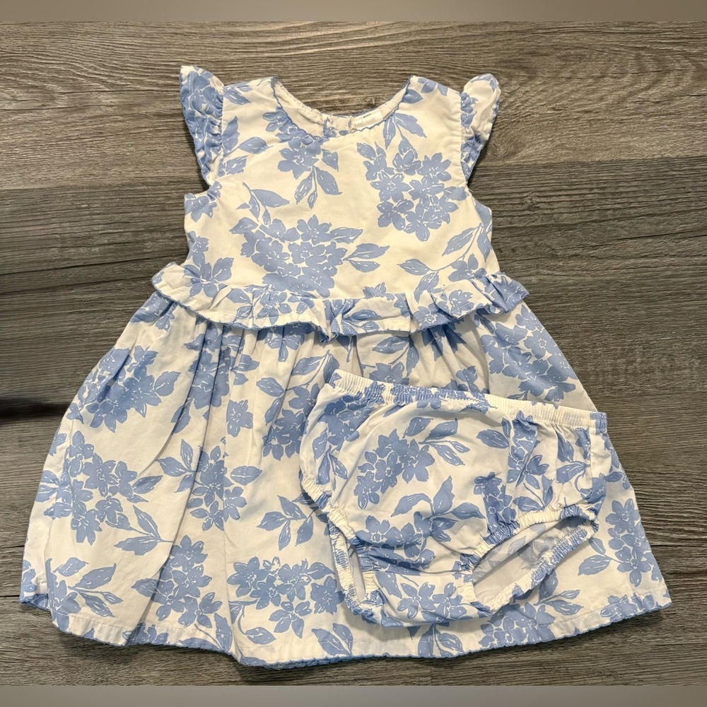Carter's White with Blue Floral Dress and Bloomers Set. Girls size 12 months